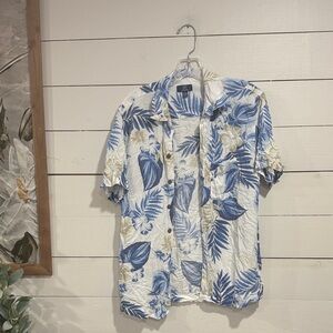 George Blue and White Tropical Leaf Print Shirt
